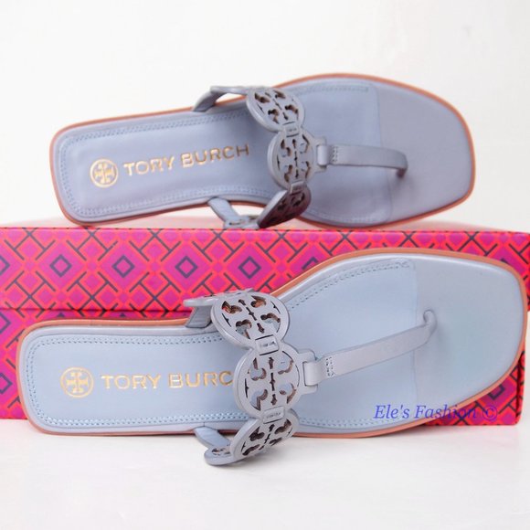 NIB Tory Burch Tiny Miller Logo Leather Thong Sandal Cloud Blue US 8.5 AUTHENTIC - Picture 12 of 16